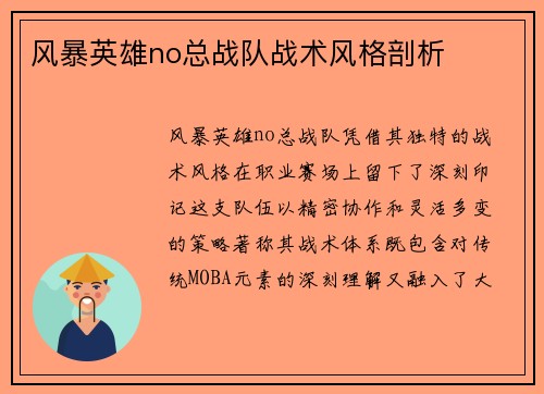 风暴英雄no总战队战术风格剖析