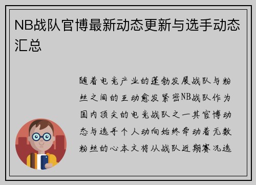 NB战队官博最新动态更新与选手动态汇总